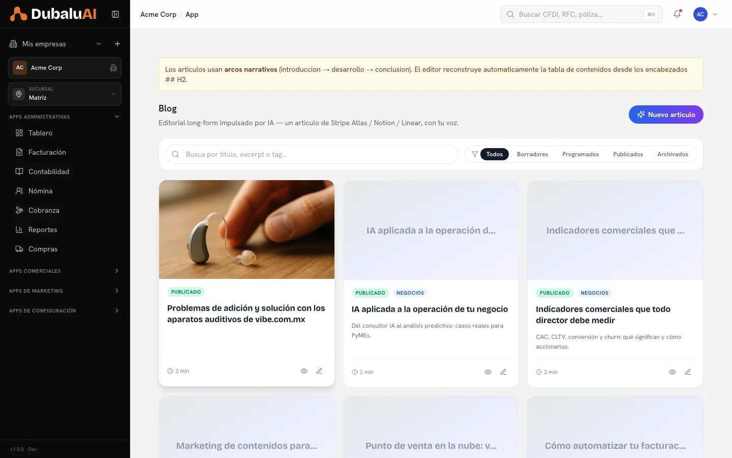 Listado de artículos del blog con filtros por estado de publicación