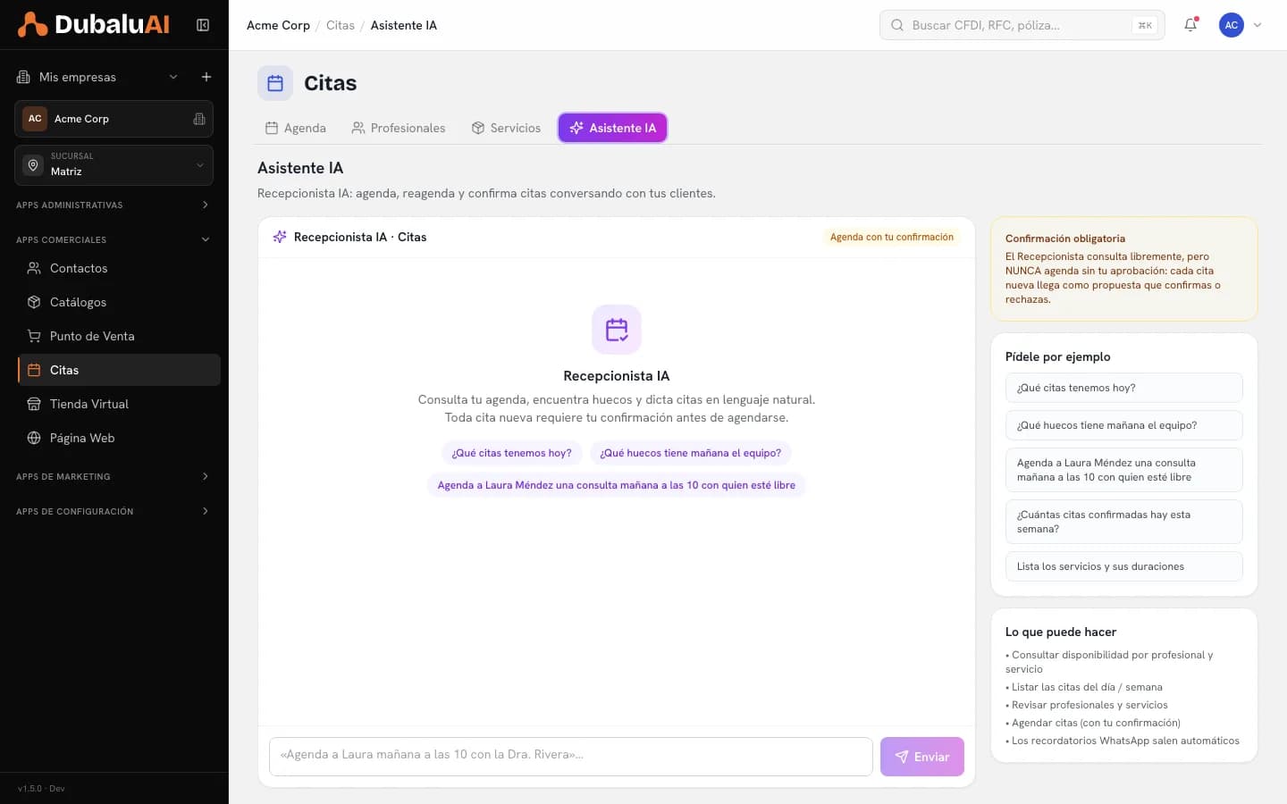Recepcionista IA de la app de Citas con ejemplos de preguntas y el aviso de confirmación obligatoria