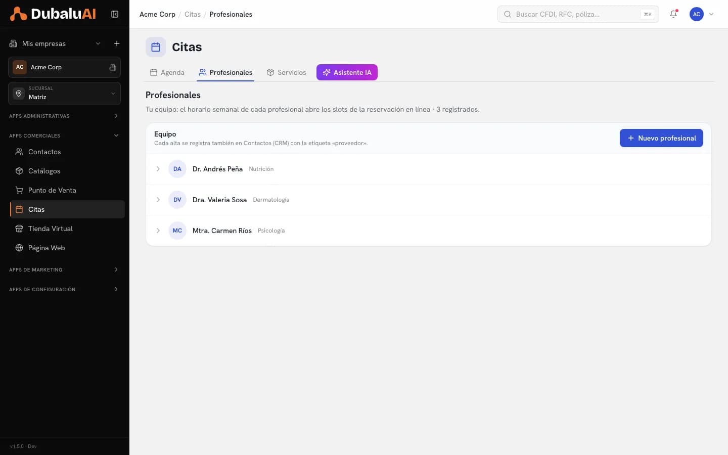 Lista de profesionales de la app de Citas con su especialidad