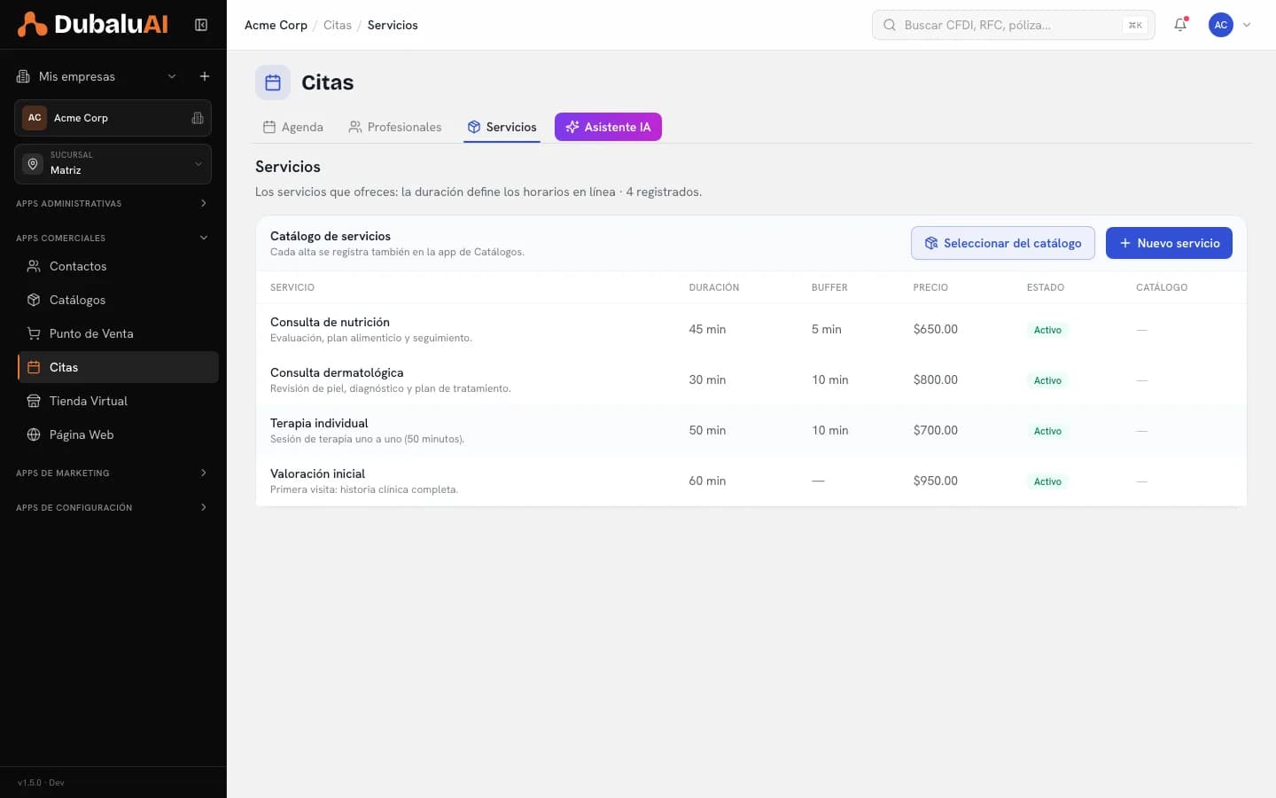Catálogo de servicios de la app de Citas con duración, buffer, precio y estado
