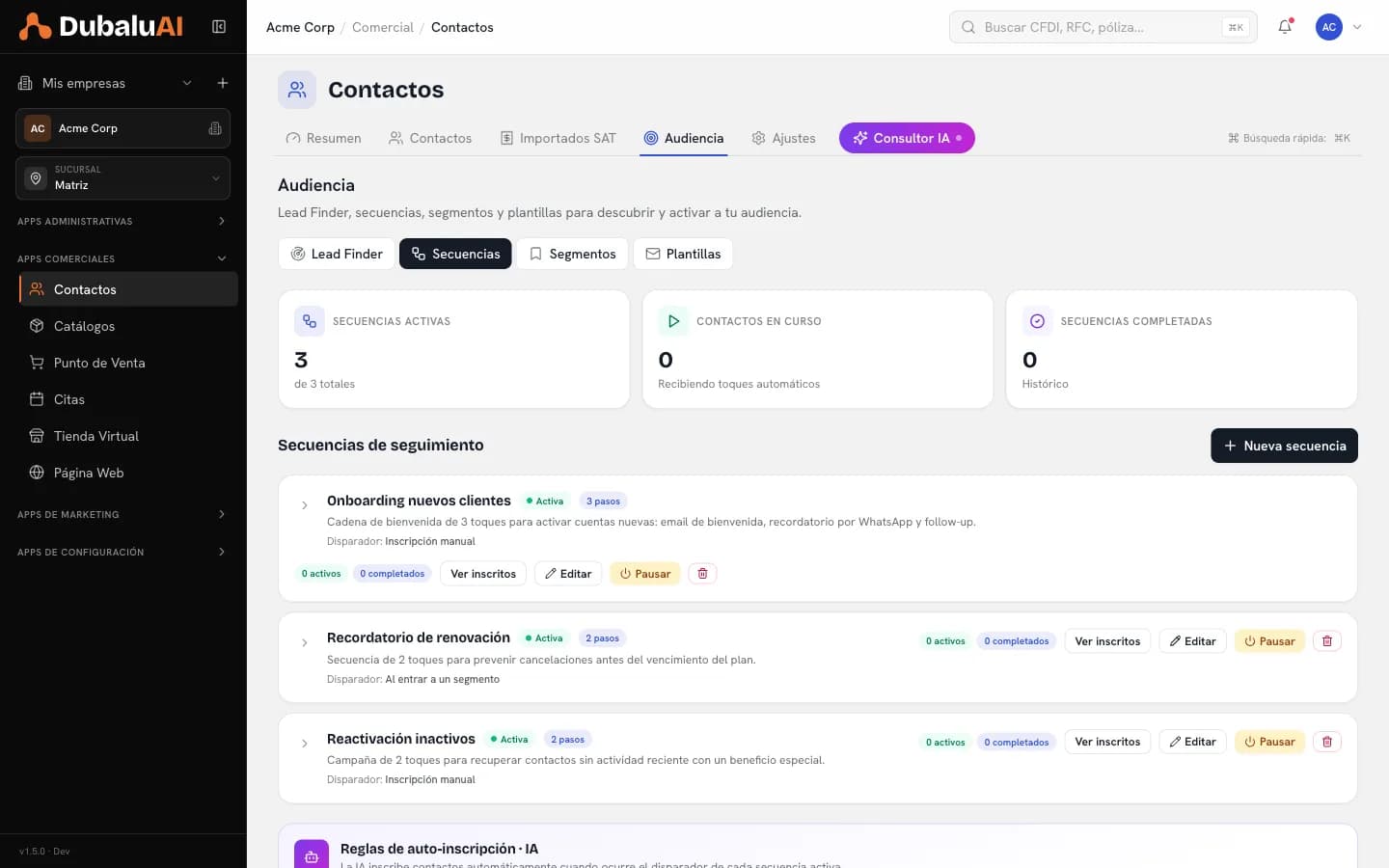 Secuencias de seguimiento del CRM con sus pasos, disparador y estado