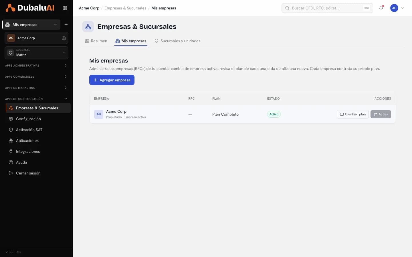 Listado de empresas de la cuenta con su plan y su estado