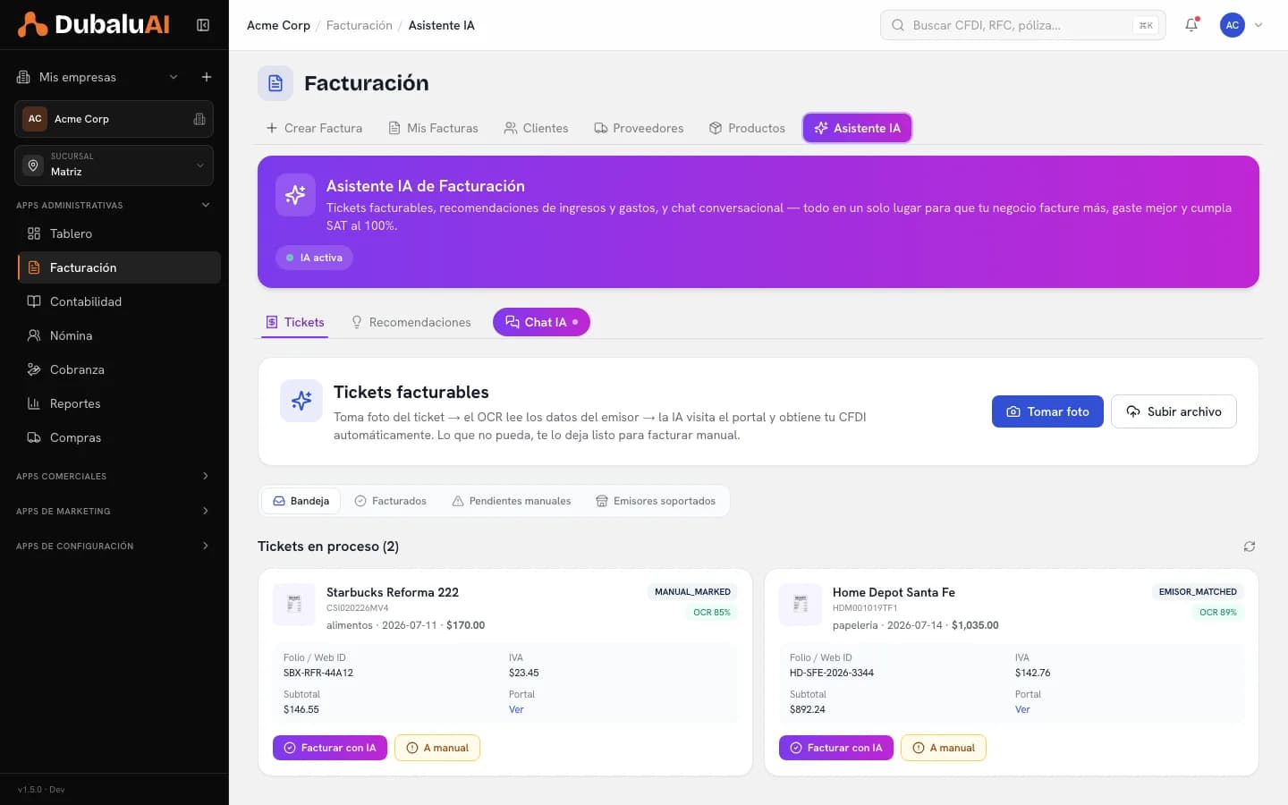 Asistente IA de Facturación con las pestañas de tickets, recomendaciones y chat
