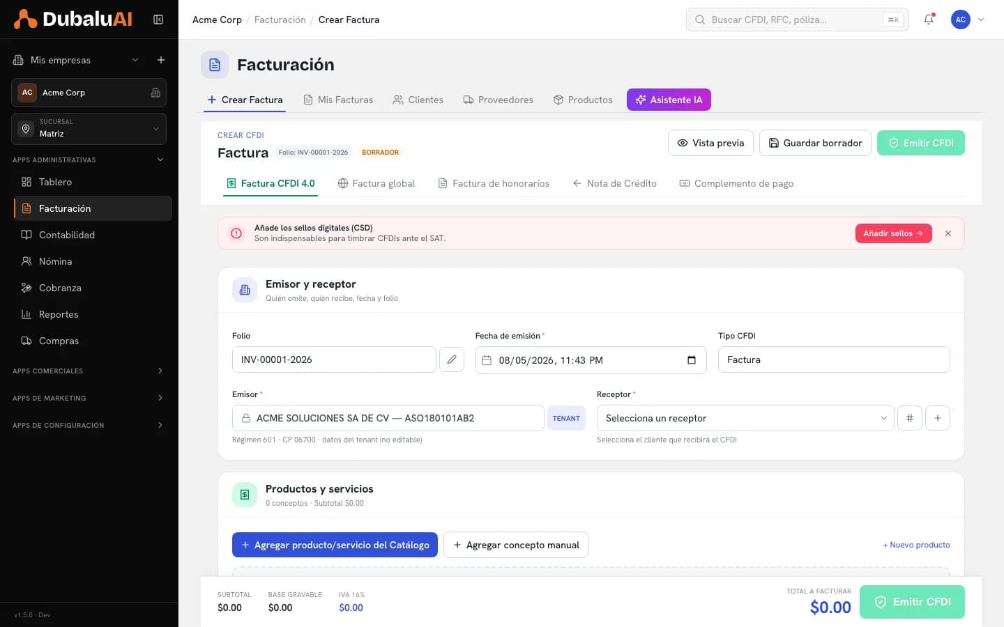 Pantalla de creación de CFDI en DubaluAI con los tipos de comprobante y el botón de emitir