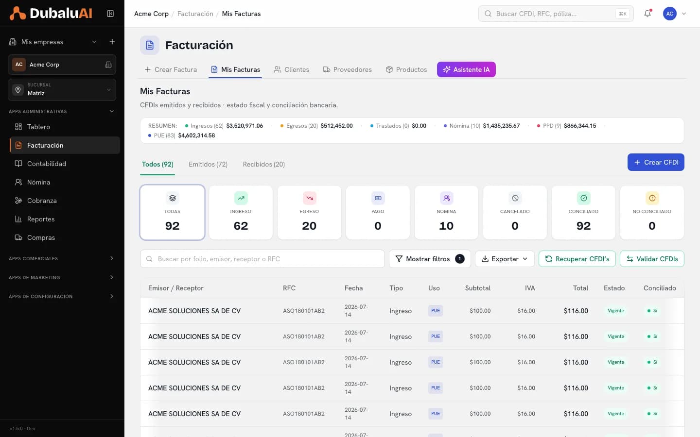 Listado de CFDIs emitidos y recibidos con filtros por tipo y estado de conciliación