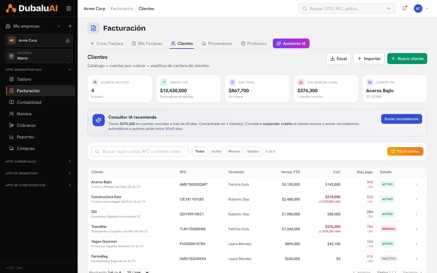 Cartera de clientes de la app de Facturación con clientes activos, ventas del año y estado de cobro