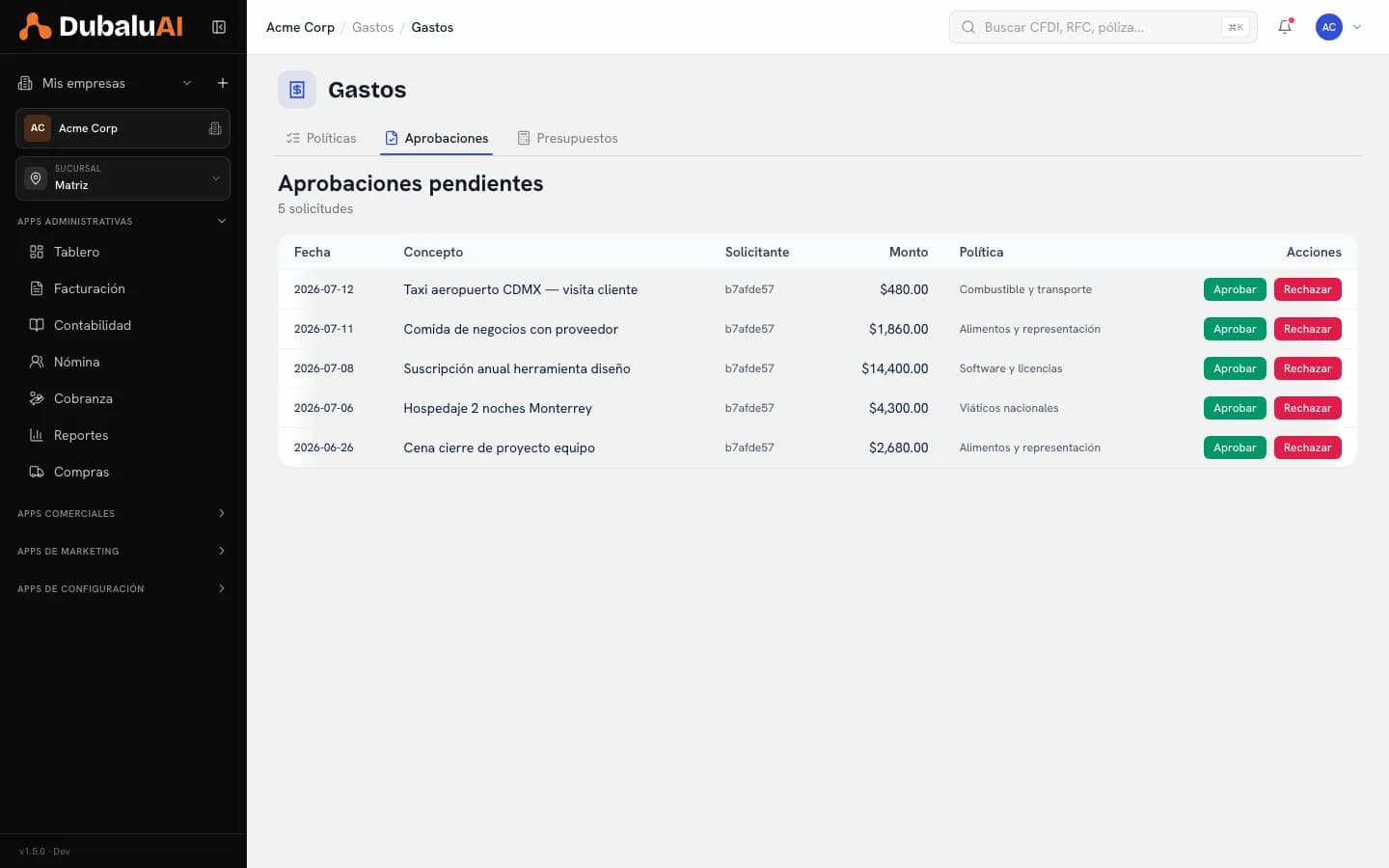 Aprobaciones pendientes de gasto con las acciones de aprobar y rechazar