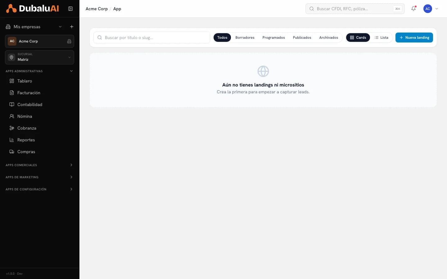 Listado de landings con filtros por estado: borradores, programados, publicados y archivados