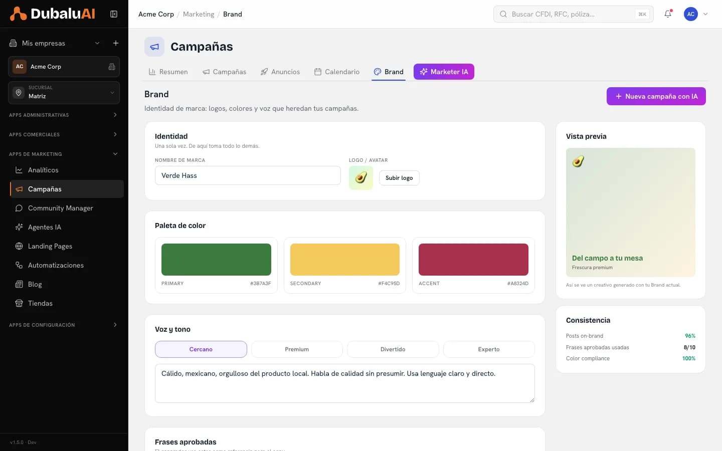 Configuración de identidad de marca con logo, colores y tono de voz