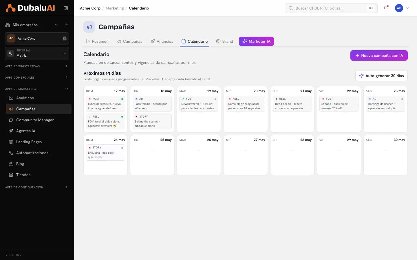 Calendario de campañas con posts orgánicos y anuncios programados por día