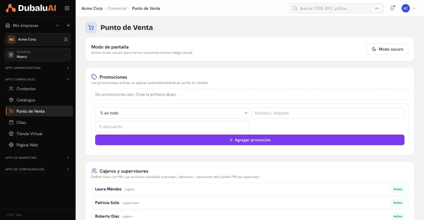 Ajustes del punto de venta con modo de pantalla, promociones, cajeros y supervisores, crédito a clientes e impresora térmica