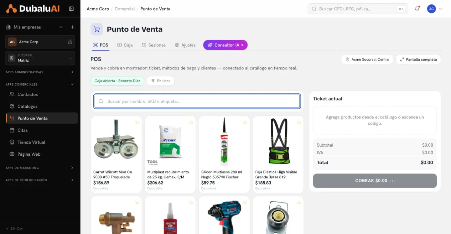 Pantalla principal del punto de venta de DubaluAI con los tabs, el estado de la caja, el buscador de productos, el catálogo y el ticket actual
