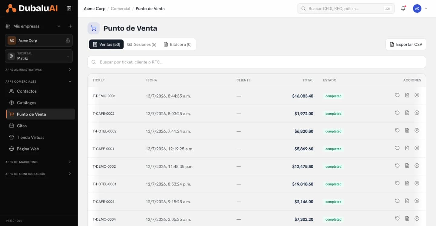 Histórico del punto de venta con las pestañas de ventas, sesiones y bitácora, y la tabla de tickets con folio, fecha, total y estado