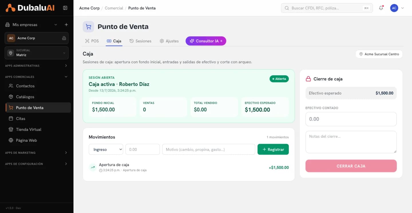 Tab Caja del punto de venta con la sesión abierta, fondo inicial, efectivo esperado, movimientos y el bloque de cierre de caja