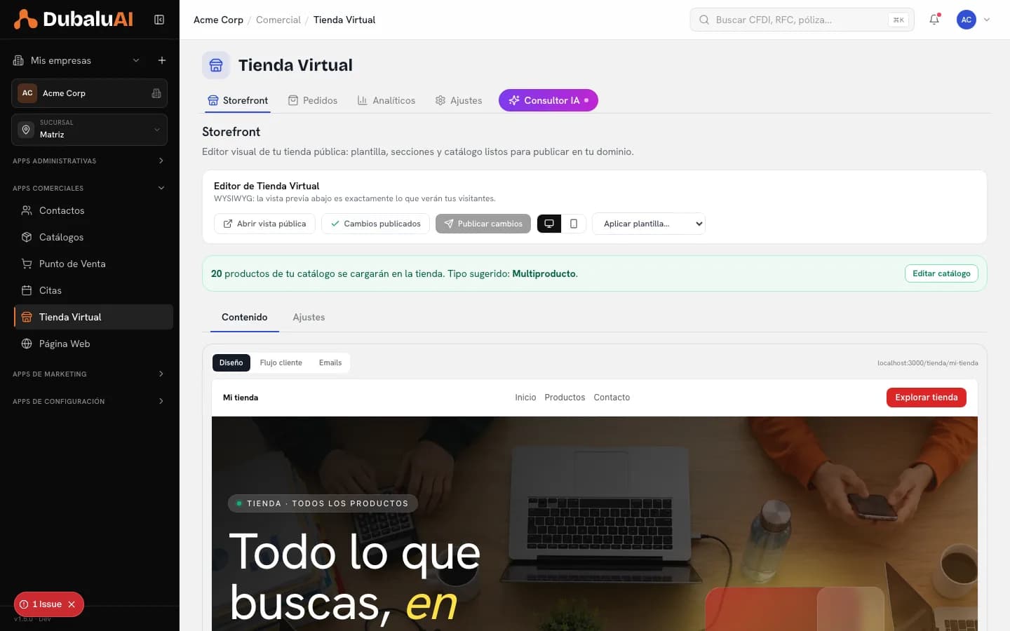Editor visual de la Tienda Virtual de DubaluAI con selector de plantilla y vista previa en vivo