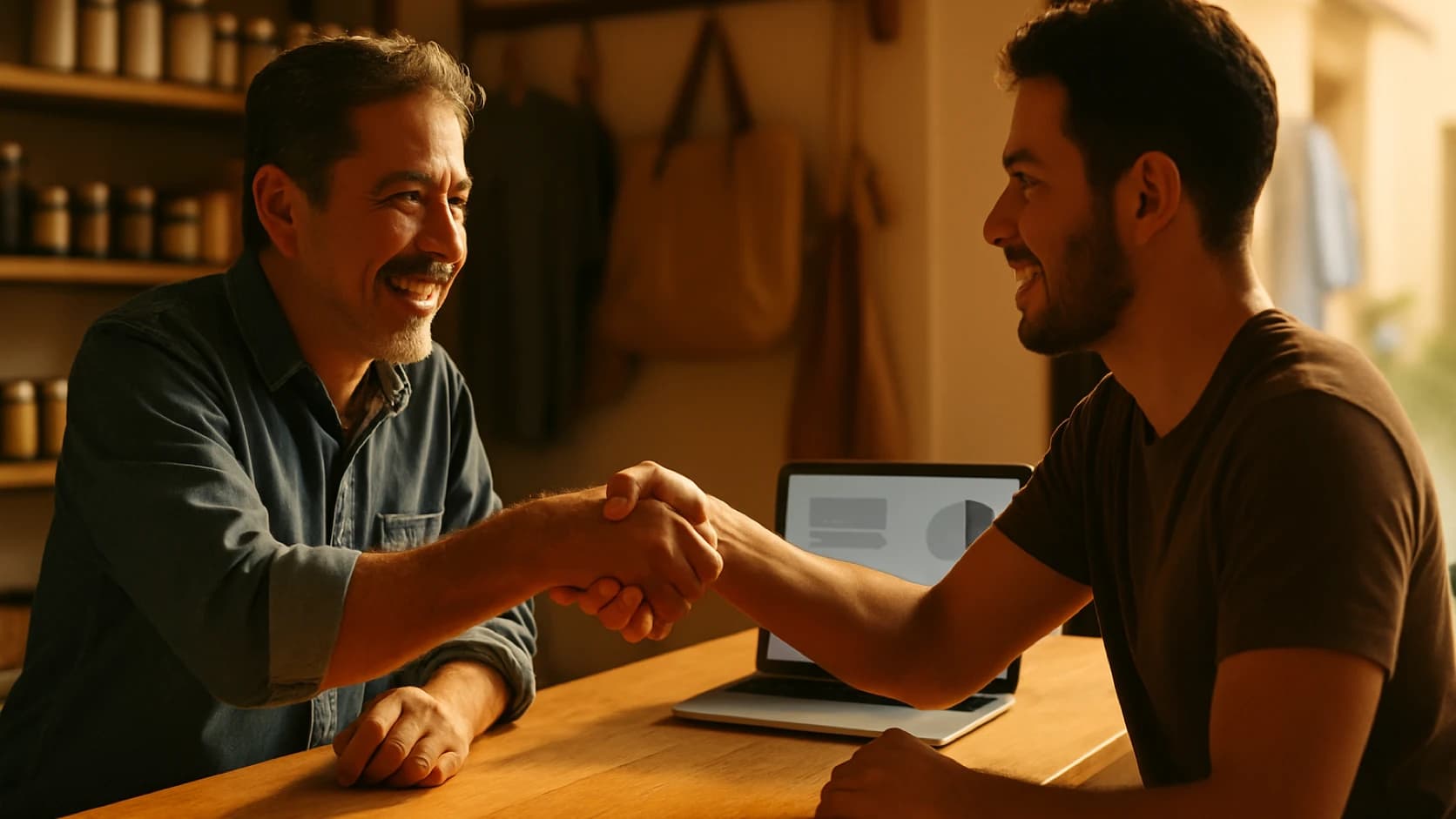 Dos socios cerrando un acuerdo en el mostrador de su negocio