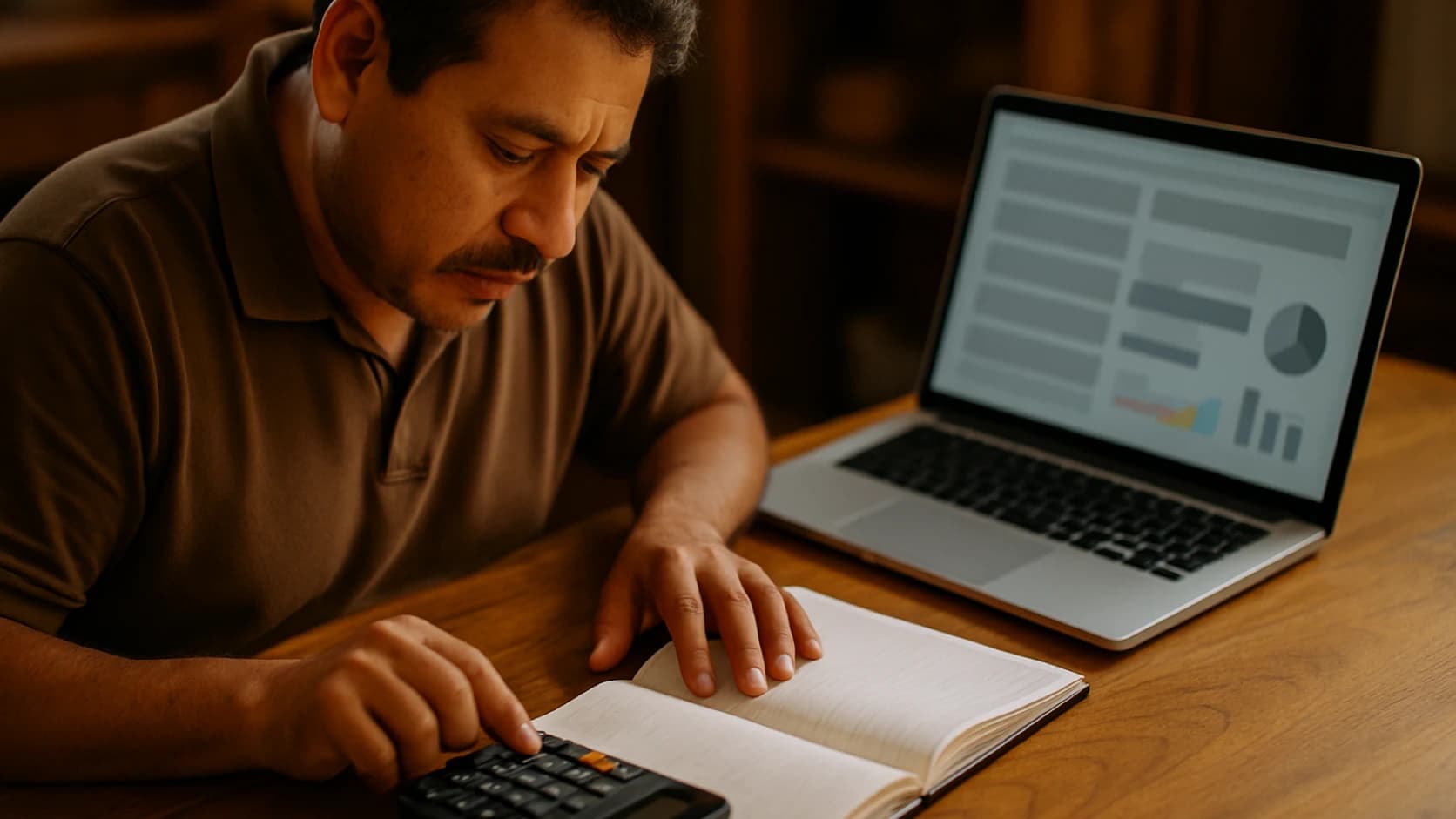 Contadora revisando su balanza junto a la calculadora