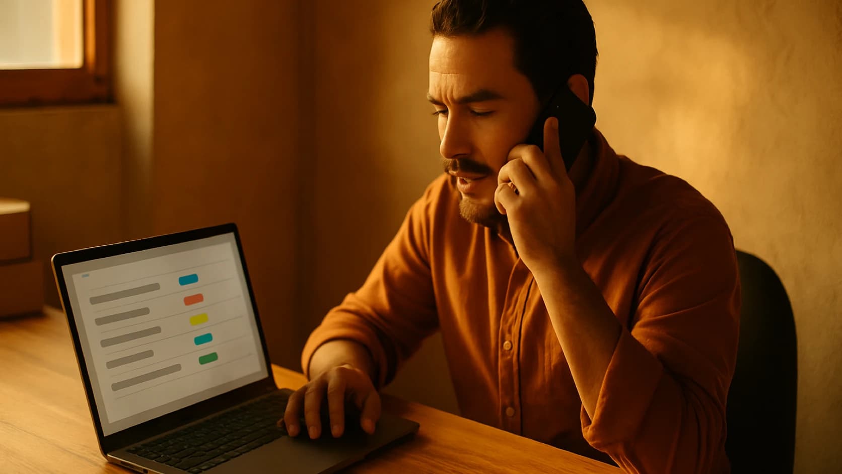 Vendedor dando seguimiento por teléfono con su CRM abierto