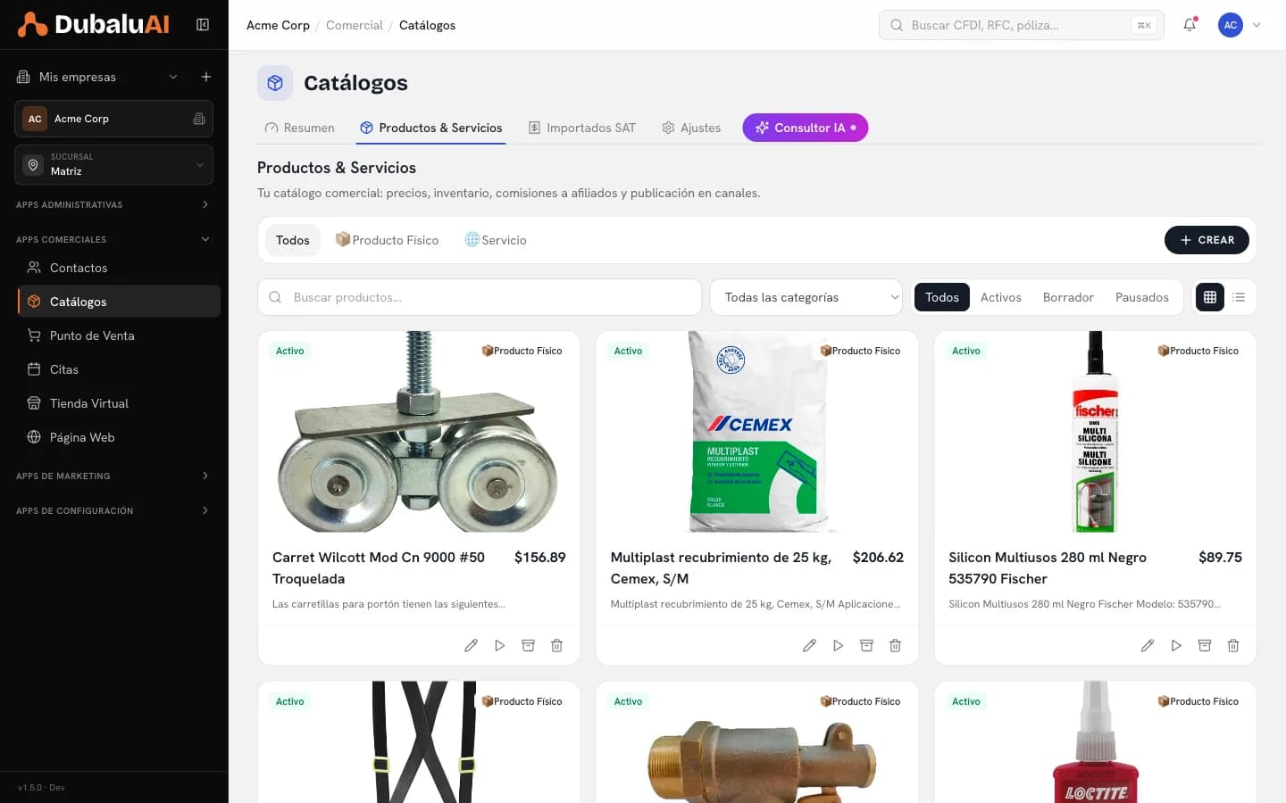 App de Catálogos de DubaluAI mostrando productos con precio, categoría y estado activo en vista de tarjetas