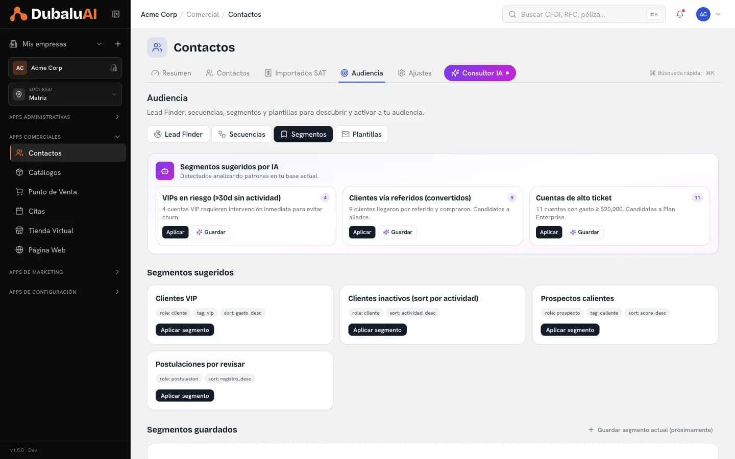 Segmentos del CRM de DubaluAI con sugerencias de IA como VIPs en riesgo y cuentas de alto ticket