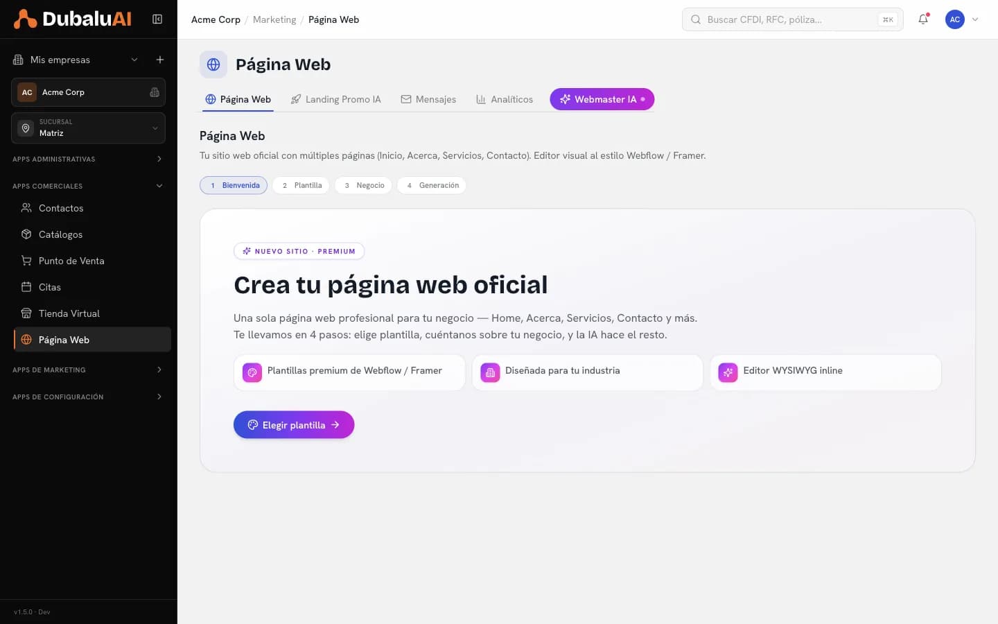 Asistente de creación de página web en DubaluAI con sus cuatro pasos: bienvenida, plantilla, negocio y generación