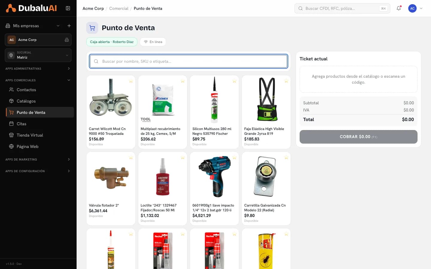 Punto de venta de DubaluAI con la caja abierta, el buscador de productos, el grid con la disponibilidad de cada uno y el ticket actual