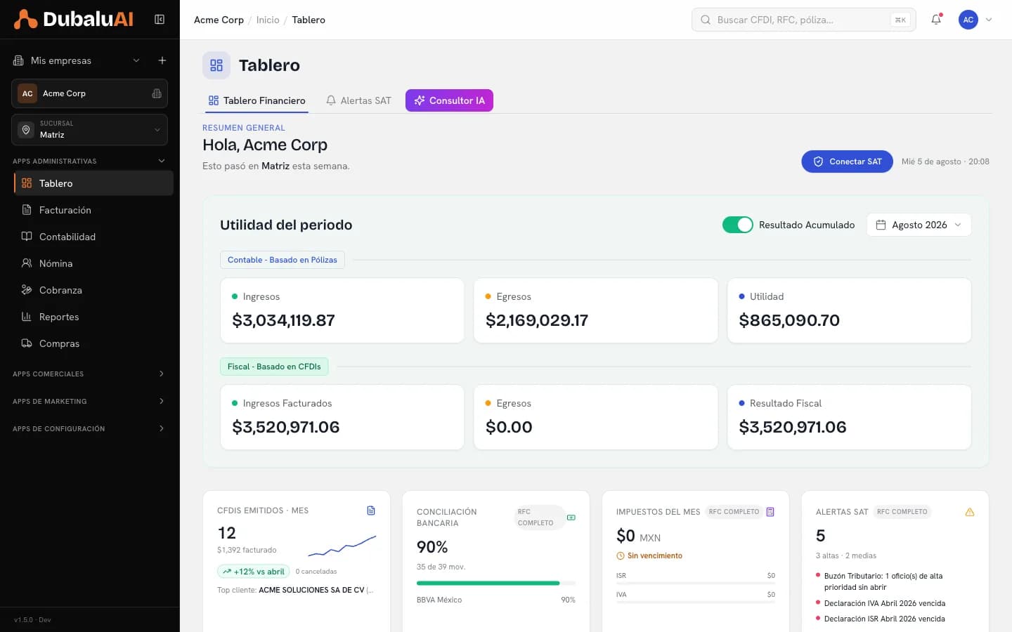 Tablero de DubaluAI con utilidad del periodo, ingresos, egresos y tarjetas de CFDIs, conciliación bancaria, impuestos y alertas del SAT