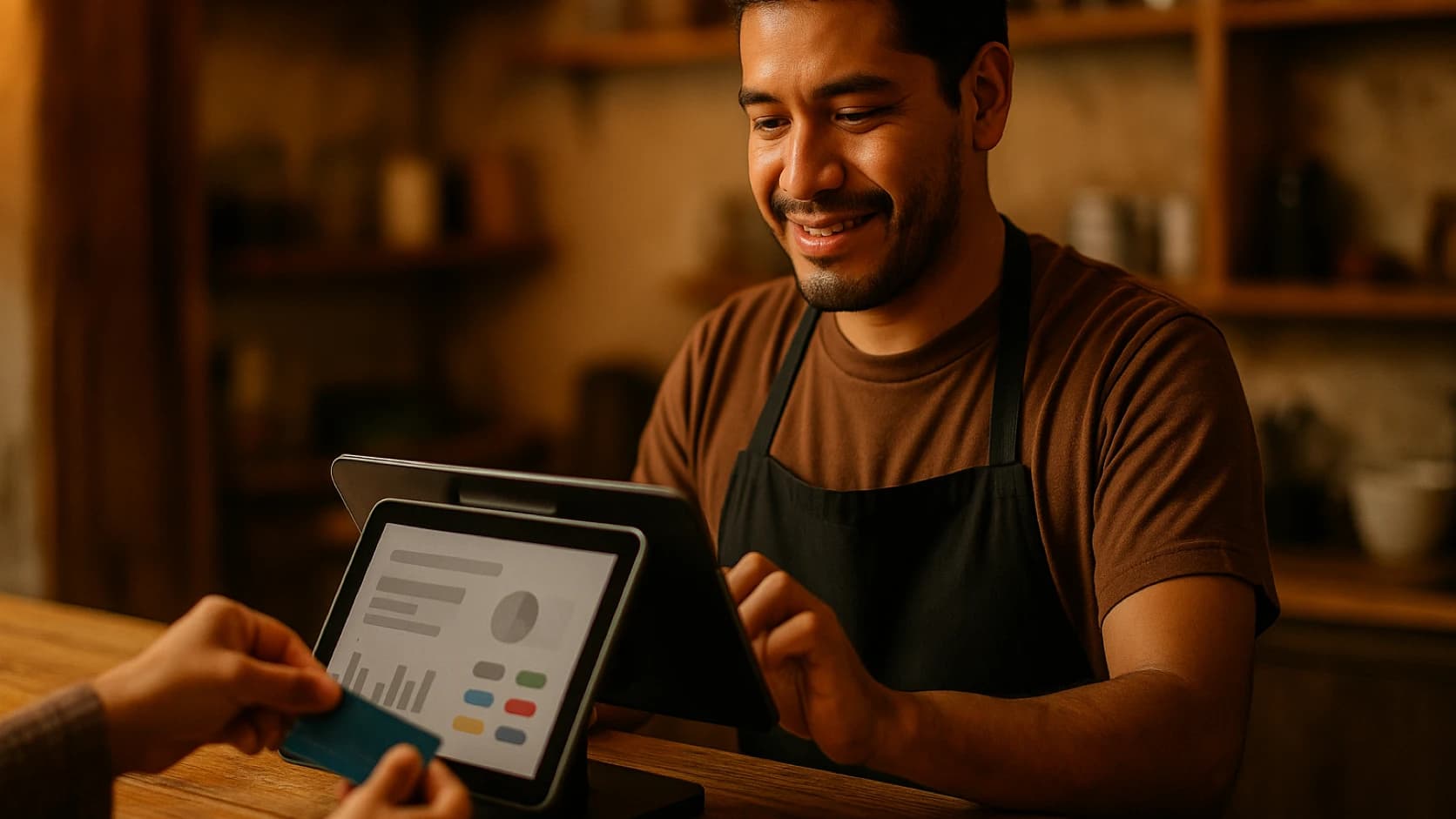 Cajera cobrando con la tablet del punto de venta