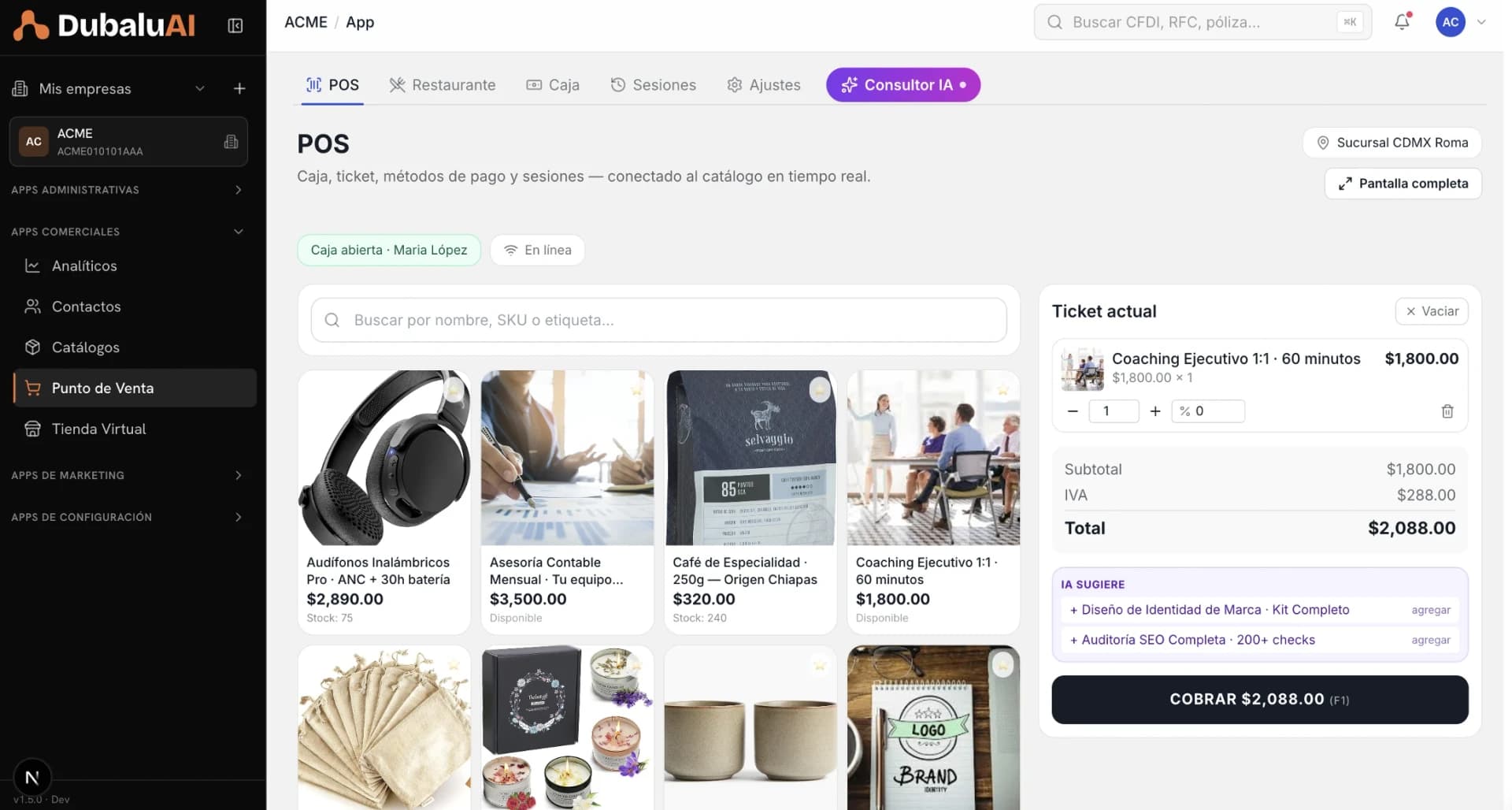 Pantalla de venta del POS de DubaluAI: catálogo de productos, ticket en vivo y cobro