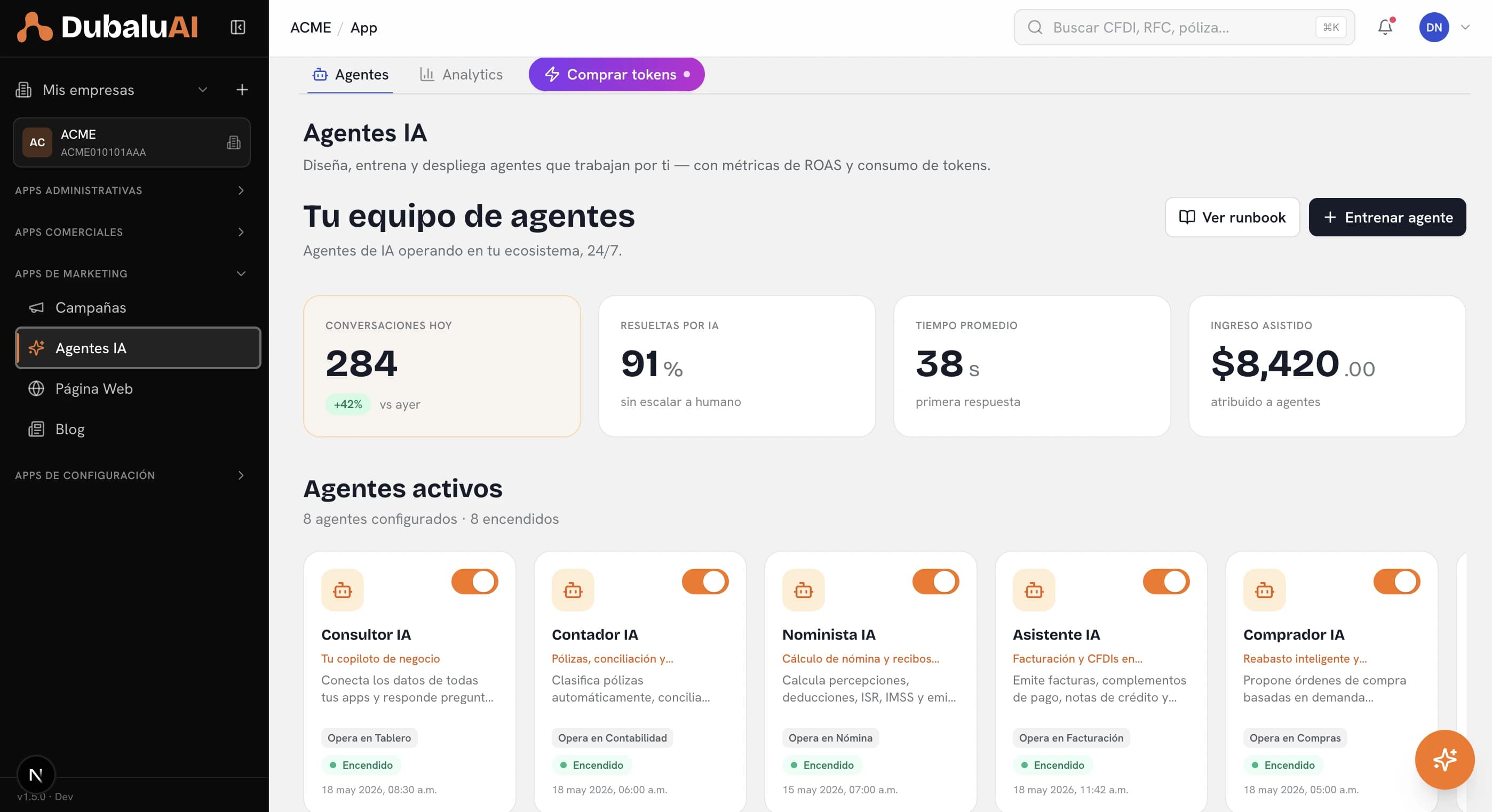 Pantalla principal de Agentes IA en DubaluAI: lista de los agentes especializados y acceso a chat