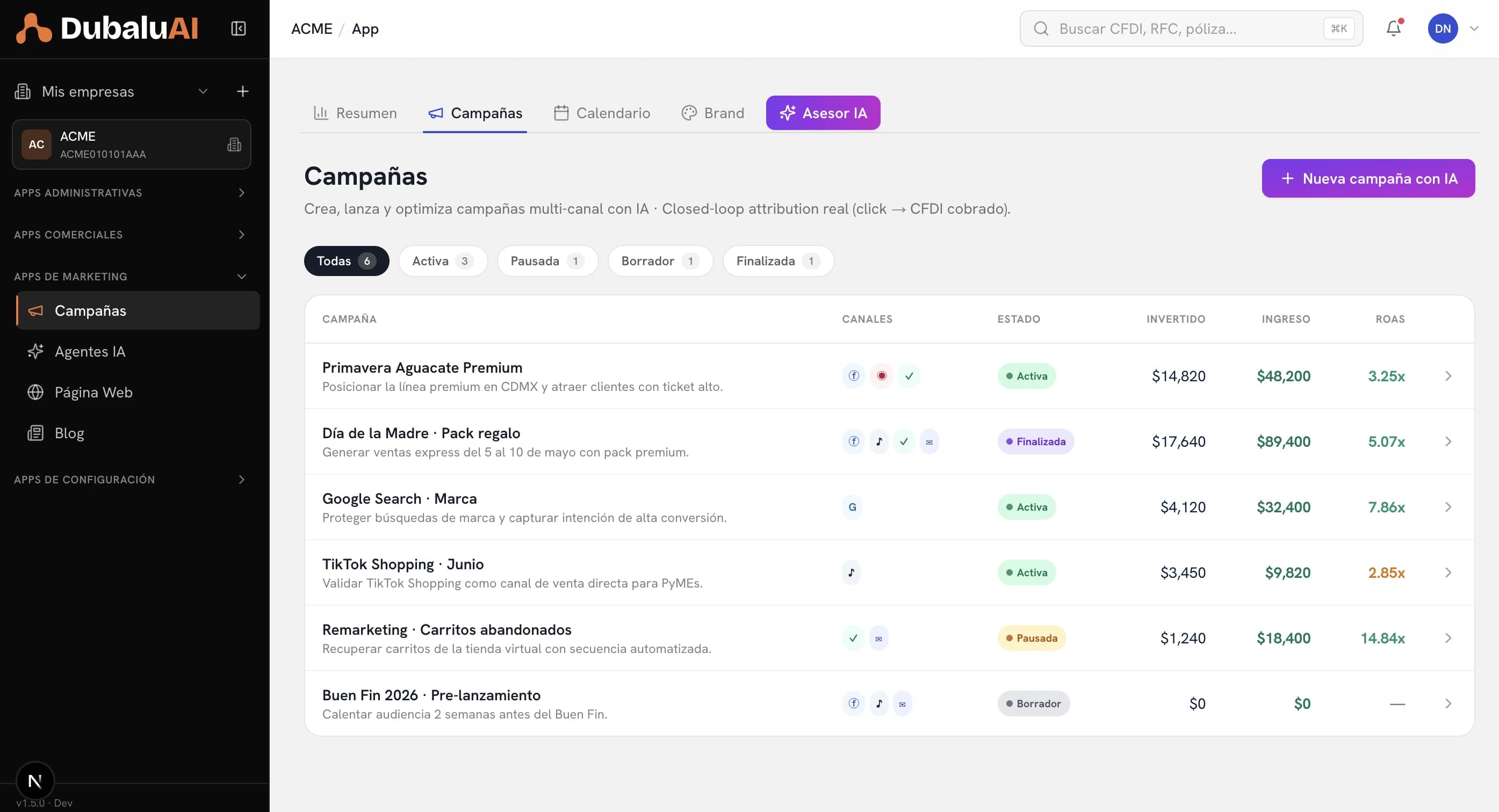 Panel de campañas de Marketing en DubaluAI: lista de campañas con canal, presupuesto y estatus