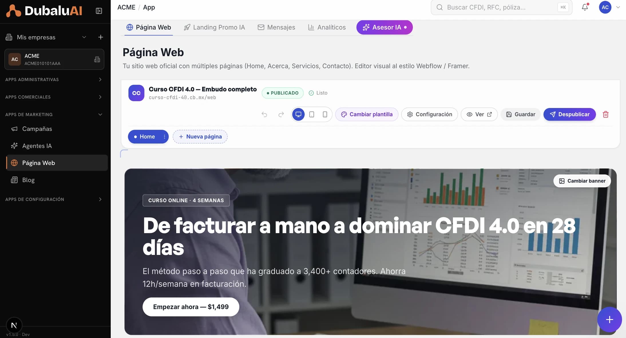 Constructor de página web de DubaluAI: plantillas por vertical, preview en vivo y secciones arrastrables
