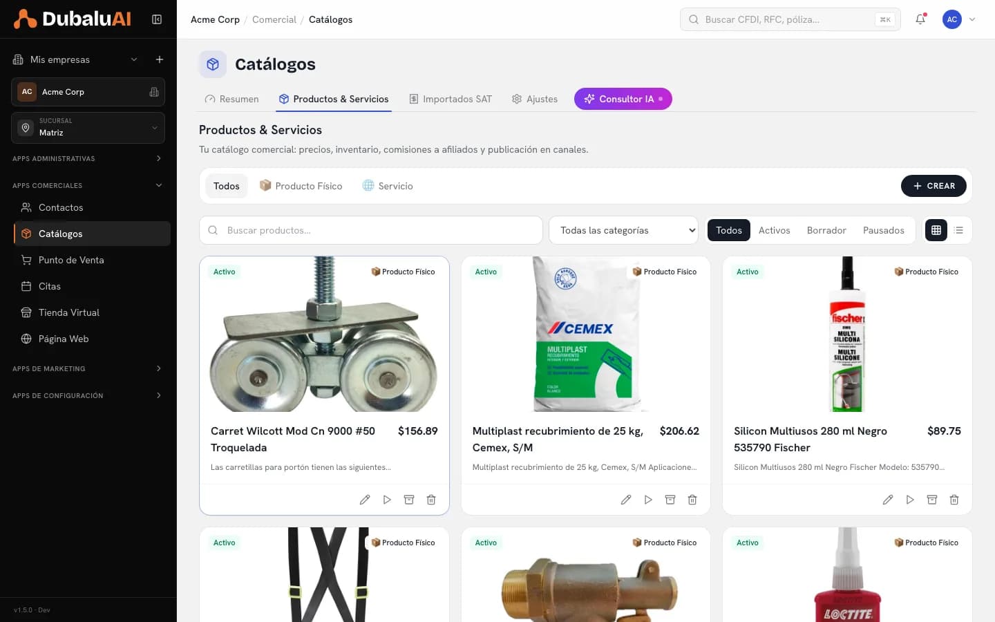Lista de productos del catálogo de DubaluAI con precio, categoría y estado, filtros por tipo y botón de crear