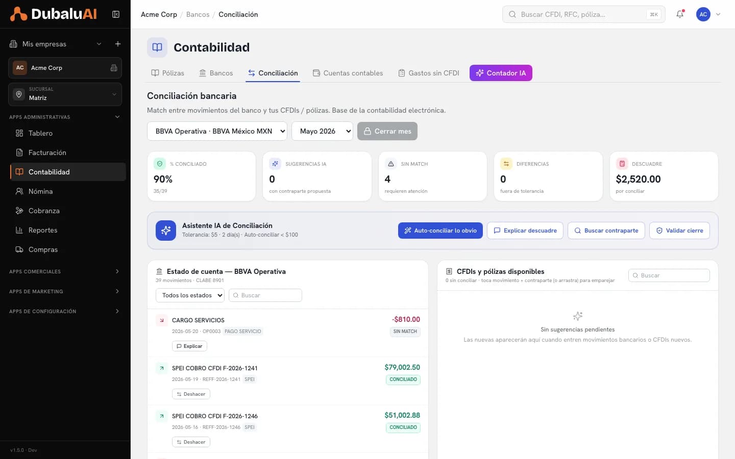 Conciliación bancaria con porcentaje conciliado, sugerencias, movimientos sin match y descuadre