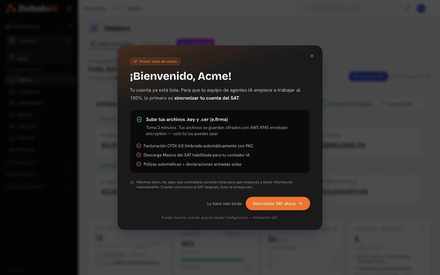 Tablero financiero con utilidad del periodo en lectura contable y fiscal y tarjetas de operación