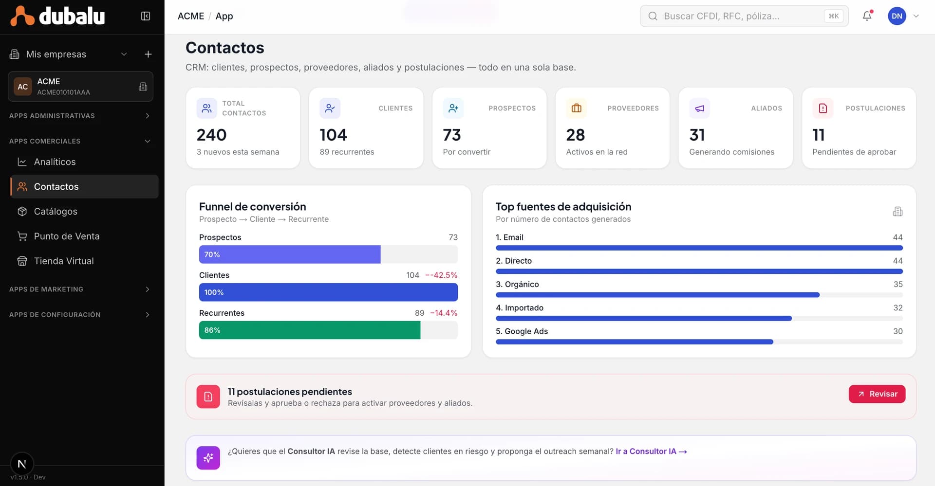 Pantalla de la app de Contactos / CRM de DubaluAI