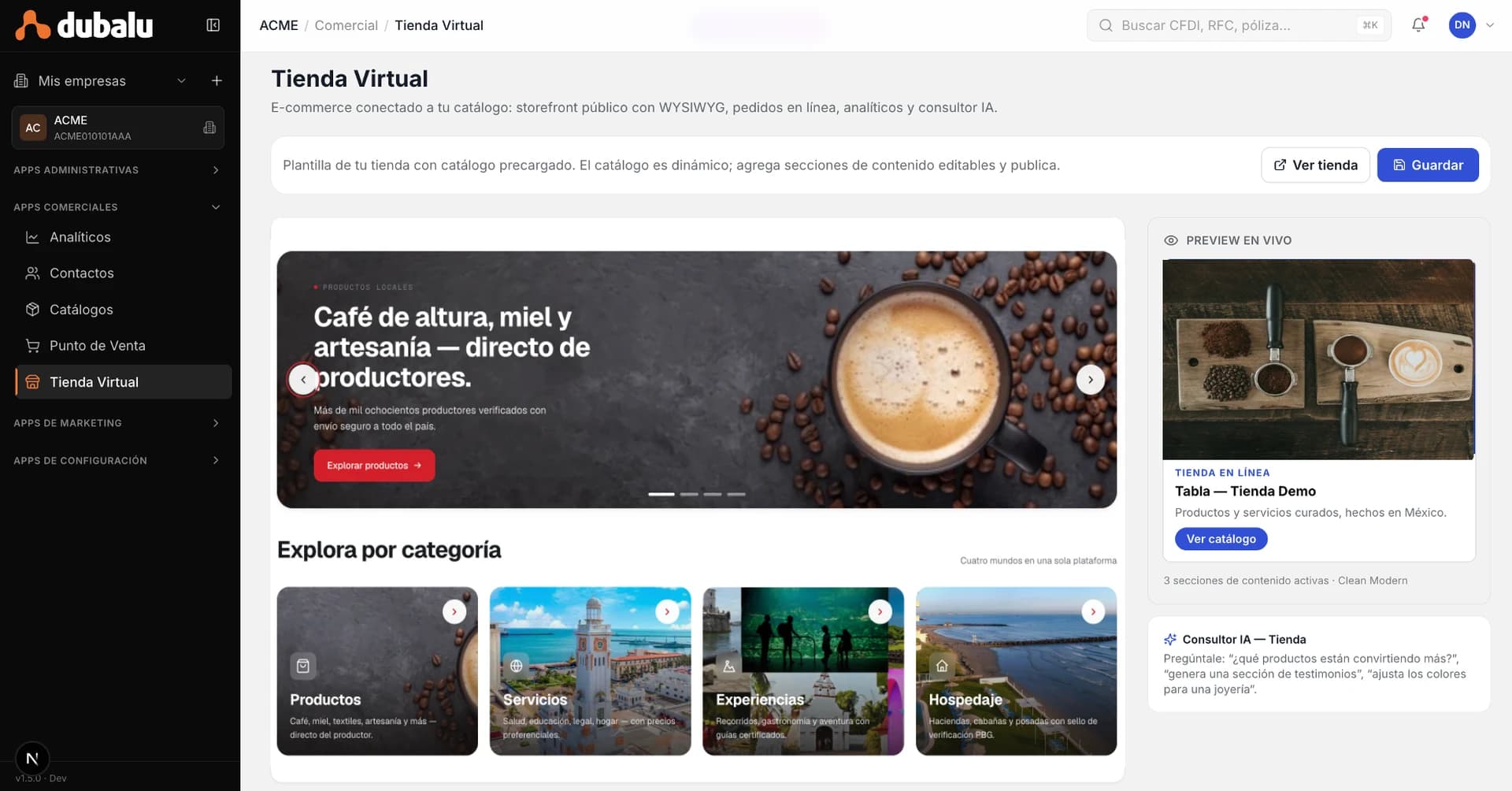 Pantalla de la Tienda Virtual de DubaluAI