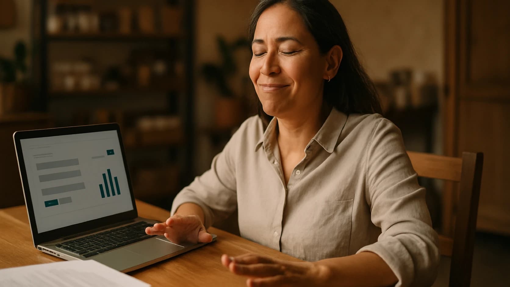 Empresaria recargándose de su laptop, tranquila, con el trabajo del día resuelto
