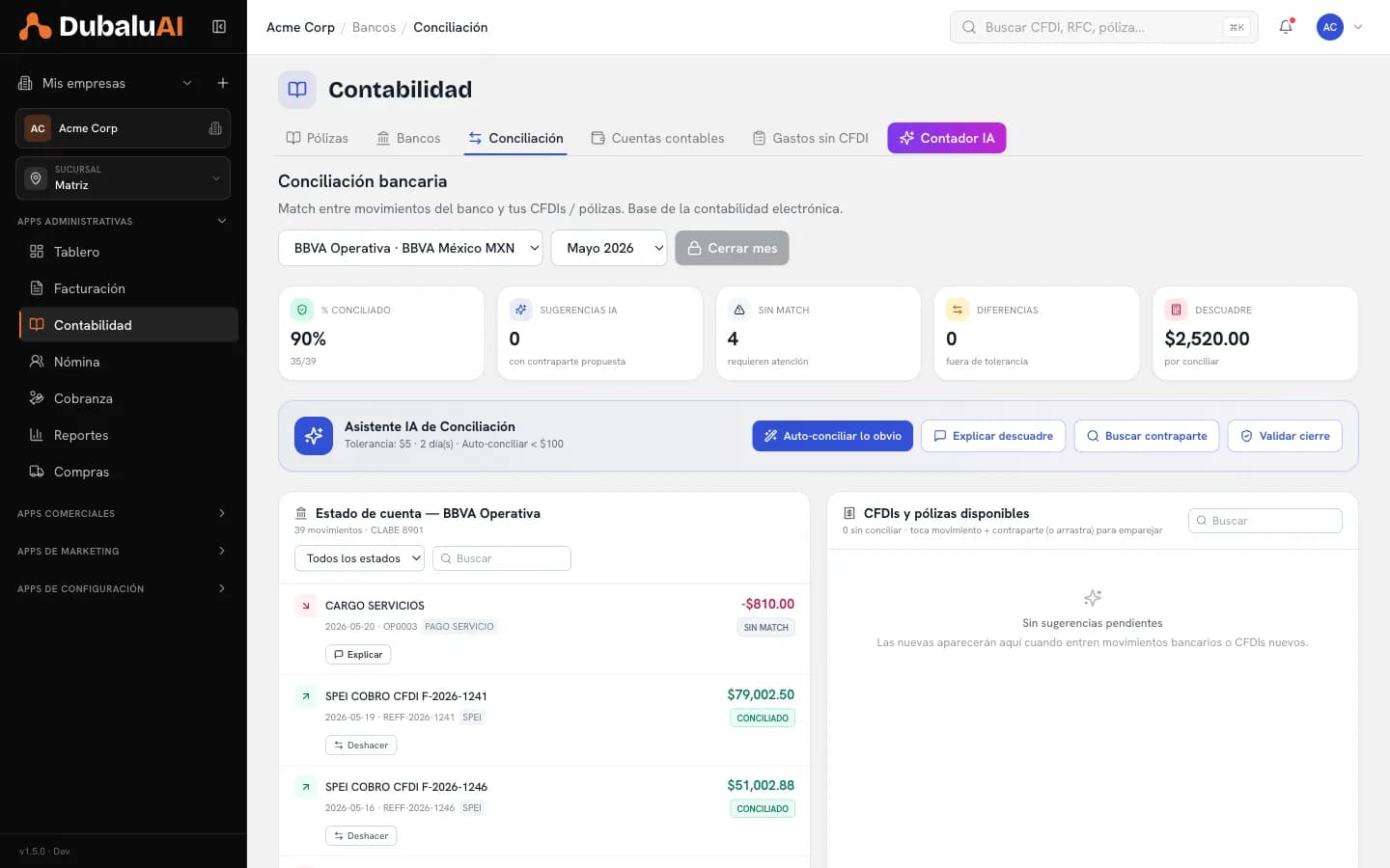 Pantalla de conciliación bancaria de DubaluAI con porcentaje conciliado, movimientos sin match y el descuadre por conciliar