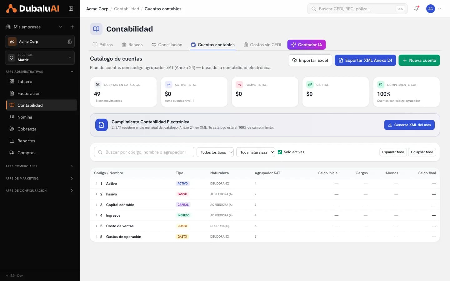 Catálogo de cuentas contables de DubaluAI con código agrupador SAT, tipo, naturaleza y saldos por cuenta