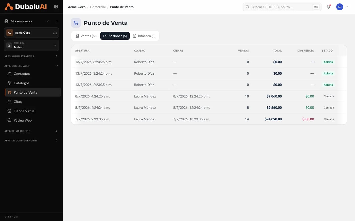 Historial de sesiones de caja en DubaluAI con apertura, cajero, cierre, ventas, total y diferencia por turno