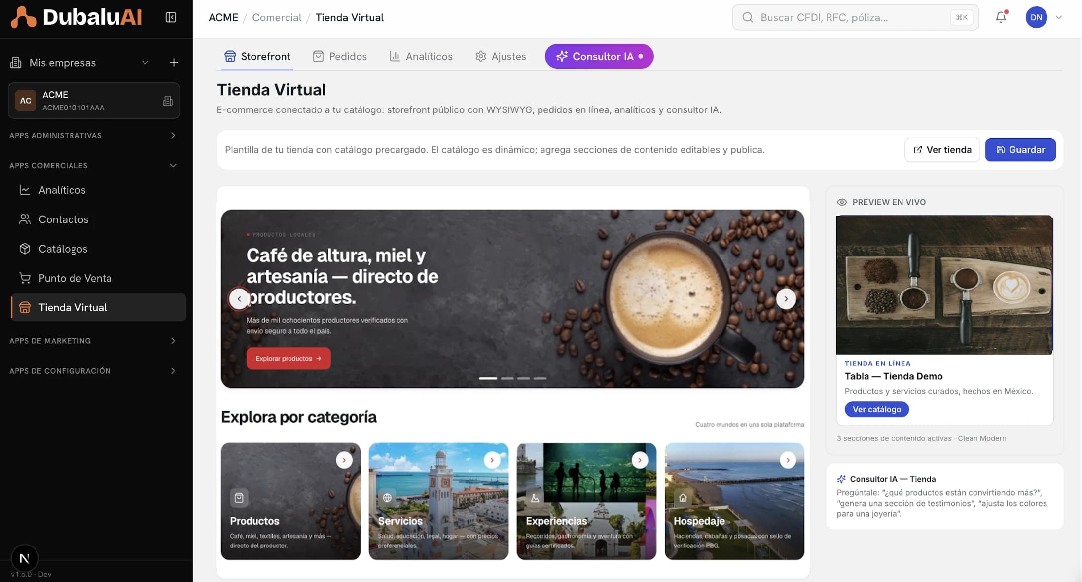 Pantalla principal de la Tienda Virtual de DubaluAI: catálogo publicado con productos, precios y disponibilidad en tiempo real
