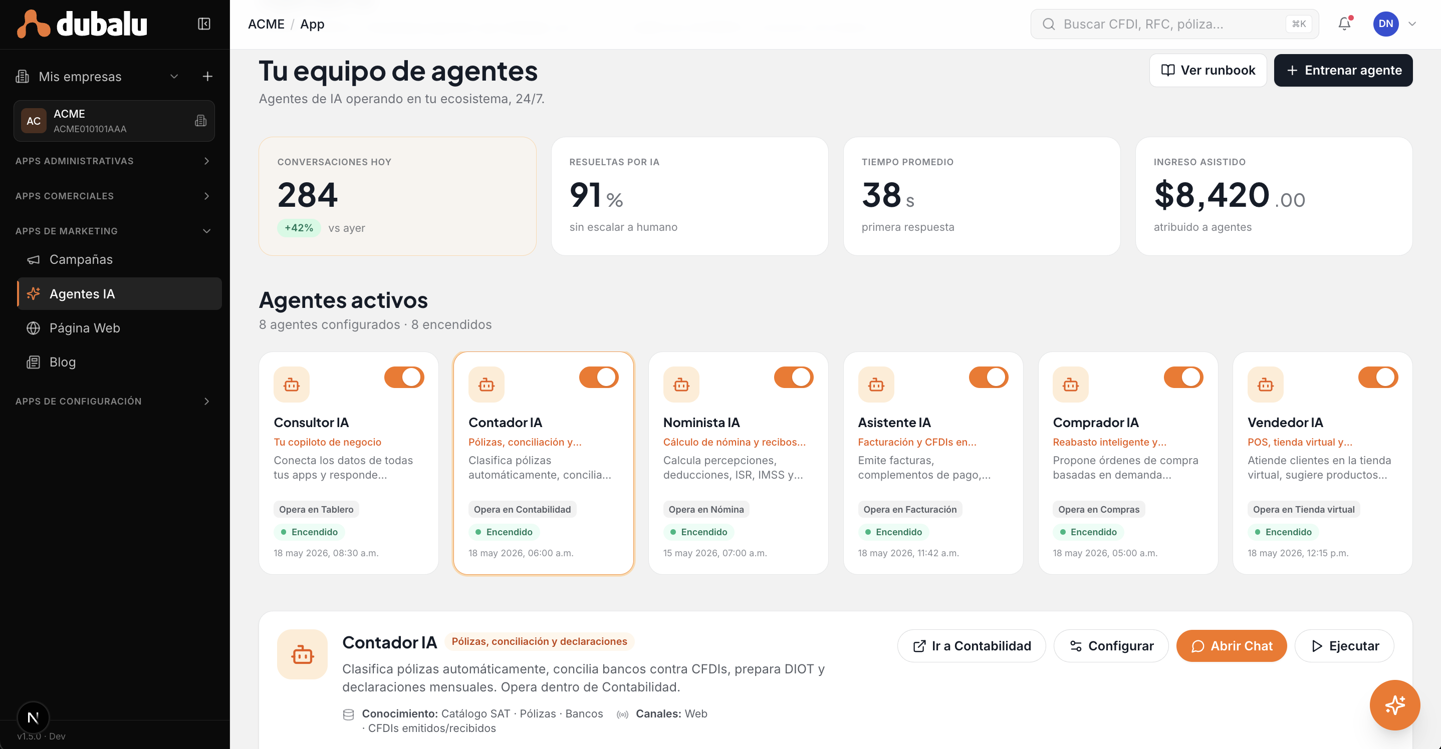 Pantalla de los Agentes IA de DubaluAI