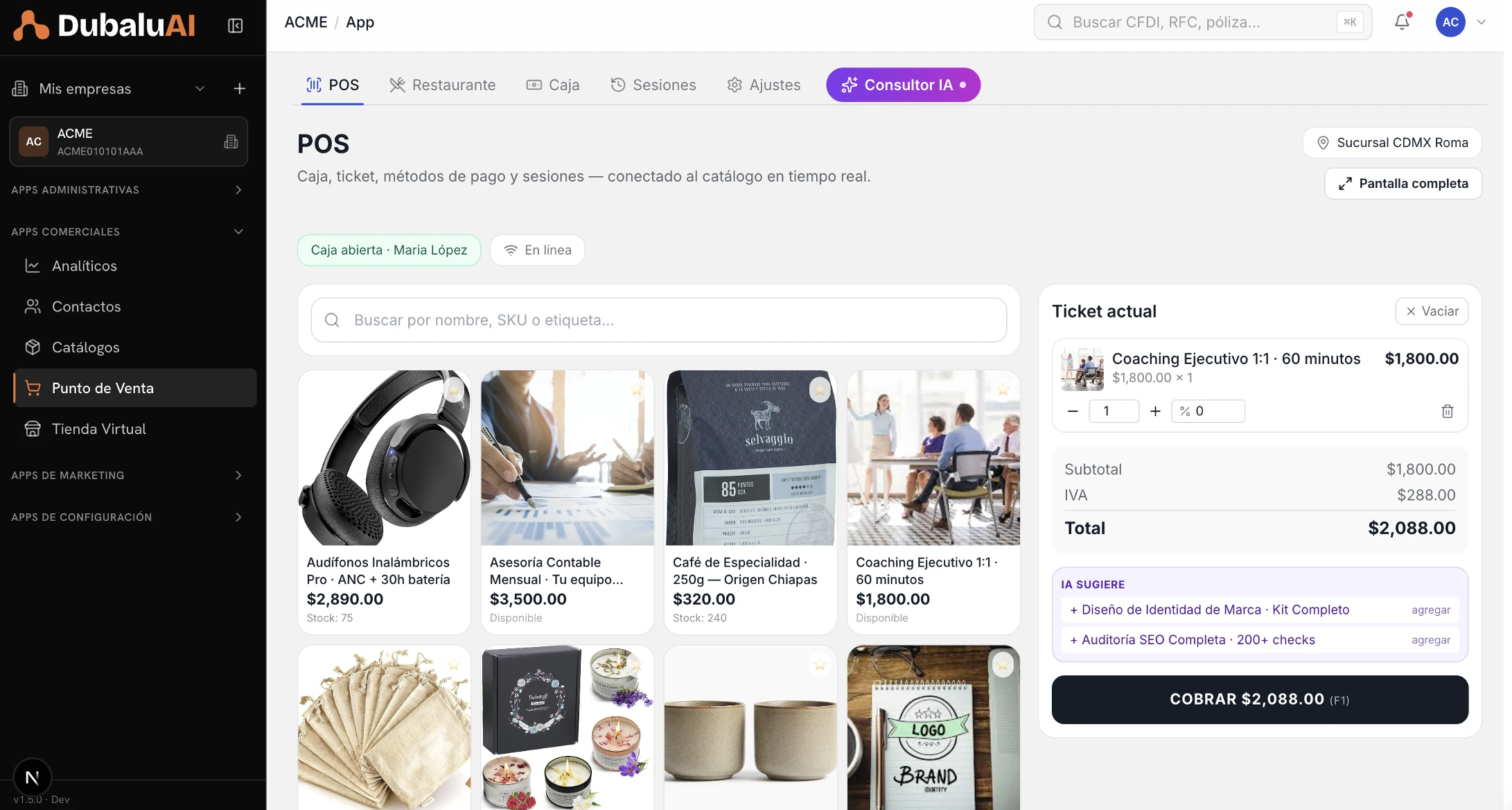 Pantalla de venta del POS de DubaluAI: catálogo de productos, ticket en vivo y cobro